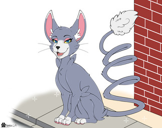 brick brick_wall fangs female feral fur half-closed_eyes inner_ear_fluff looking_at_viewer narrowed_eyes nude open_mouth paws sitting solo spring_tail tail teeth tongue tuft wall_(structure) whiskers marcushunter nintendo pokemon domestic_cat felid feline felis generation_4_pokemon glameow mammal pokemon_(species) succubus 2024 signature