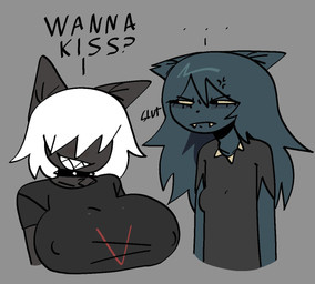 anthro big_breasts black_text blue_body blue_ears blue_fur blue_hair breasts clothed clothed_anthro clothed_female clothing collar cross-popping_vein dialogue dress duo eyelashes fangs female female/female female_anthro front_view fur grey_background grey_body grey_clothing grey_dress grey_ears grey_fur hair hair_over_eyes huge_breasts jewelry narrowed_eyes necklace nipple_outline notched_ear sharp_teeth shirt simple_background small_breasts smile spiked_collar spikes talking_to_another teeth text topwear white_hair xarop77 catwitch_(xarop77) sheep_(xarop77) canid canine canis domestic_cat felid feline felis mammal wolf 2025 digital_drawing_(artwork) digital_media_(artwork) english_description english_text