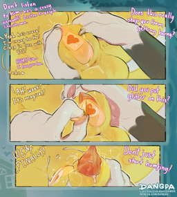 animal_genitalia animal_penis anthro balls biped black_body black_fur bodily_fluids canine_genitalia canine_penis dialogue duo erection exclamation_point fur genital_fluids genitals heart_symbol male multicolored_body multicolored_fur pawpads penis precum question_mark sheath tail text white_body white_fur yellow_tail dangpa canid canine canis domestic_cat domestic_dog felid feline felis mammal comic english_text hi_res url