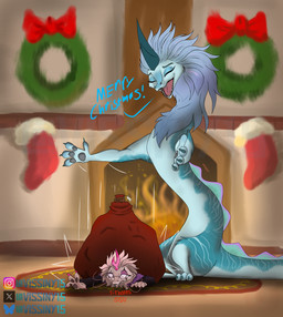 2_horns 3_toes 4_fingers anthro barbel_(anatomy) blue_body blue_claws blue_fur blue_hair blue_mane christmas_decorations christmas_stocking claws duo eyebrows eyes_closed eyewear feet female feral fingers fireplace flesh_whiskers fur glasses hair handpads holidays horn male mane markings multicolored_hair multicolored_mane on_haunches open_mouth open_smile pawpads santa's_sack smile striped_markings stripes toes whiskers vissiny15 christmas disney mythology raya_and_the_last_dragon fan_character sisu_(ratld) vissiny_(vissiny15) dragon eastern_dragon furred_dragon furred_scalie kumandran_dragon mythological_creature mythological_scalie scalie absurd_res hi_res