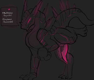 anthro black_body claws dorsal_fin dorsal_frill ear_fins fin frill_(anatomy) horn machine male multicolored_body penic pink_glow quadruped spines text litledragon mythology negadrake dragon mythological_creature mythological_scalie robot scalie 2022 english_text hi_res