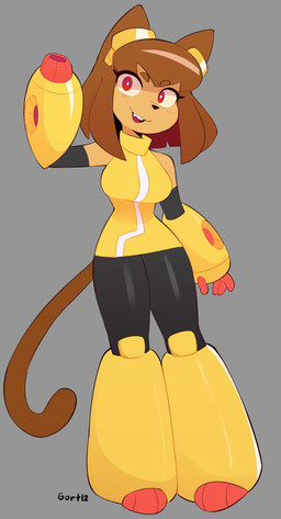 anthro arm_cannon breasts brown_body brown_hair clothing eyebrows eyelashes eyewear eyewear_on_head female goggles goggles_on_head hair looking_at_viewer red_eyes robotic_arm smile solo weapon_arm beaverbun gameoverse glitch_productions kit_bodega domestic_cat felid feline felis mammal 2026 absurd_res hi_res