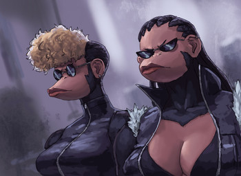 abstract_background anthro bikini bikini_top black_body black_fur blonde_hair braided_hair breasts cleavage clothed clothing dreadlocks duo ear_piercing eyewear female fur hair lips long_hair piercing red_lips short_hair sunglasses swimwear thick_lips topwear two-piece_swimsuit vest redustheriotact lela_(redustheriotact) raeni_(redustheriotact) haplorhine mammal primate 2023 absurd_res hi_res