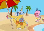 ball beach beach_ball blue_body blue_fur bodily_fluids bottomwear clothing duo female fur horn inflatable male orange_clothing orange_swimming_trunks orange_swimwear pink_body red_eyes seaside shorts sweat swimming_trunks swimwear yellow_body kitsune2000 bandai_namco digimon biyomon digimon_(species) gabumon hi_res