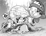 angry blush bodily_fluids clothing disembodied_hand dress duo female grass hair hat headgear headwear high_collar hime_cut not_furry open_mouth plant robe short_hair smile spider_web sweat sweatdrop kageyama kirby_(series) nintendo kirby zan_partizanne_(kirby) humanoid waddling_head 2020 greyscale hi_res monochrome