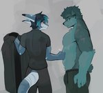 anthro black_nose blue_body blue_tail bodily_fluids closed_smile clothed clothing duo eyebrows fingers fur grey_body grey_fur hair male mouth_closed open_mouth rear_view red_eyes side_view smile sweat tail topless kakhao derio_(kakhao) goon_(goonie_san) canid canine canis domestic_dog fish mammal marine shark hi_res