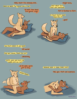 anal anal_penetration anthro balls bodily_fluids cum cumshot dialogue duo ejaculation genital_fluids genitals male male/male masturbation penetration penis simple_background text ravalska poro_alska rav_alska canid canine deer fox mammal absurd_res comic english_text hi_res