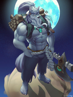 5_fingers 5_toes abs accessory anthro axe beard biceps black_nose bottomwear bulge clothed clothing facial_hair feet fingers fur grey_body grey_fur grey_tail hair headband holding_axe holding_object holding_weapon humanoid_hands log long_hair male melee_weapon moon muscular muscular_anthro muscular_male nipples pecs solo standing tail toes weapon wood yellow_eyes cancerdoge sdorica law_(sdorica) canid canine canis mammal wolf 2020 3:4 absurd_res hi_res signature