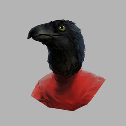 anthro beak black_beak black_body black_feathers closed_beak closed_frown clothed clothed_anthro clothed_male clothing feathers frown green_eyes grey_background light male male_anthro mouth_closed red_clothing red_shirt red_topwear shirt simple_background solo three-quarter_view topwear thomas_caputo avian bird corvid corvus_(genus) crow oscine passerine 1:1 2022 bust_portrait colored digital_media_(artwork) digital_painting_(artwork) english_description hi_res lighting painting_(artwork) portrait shaded