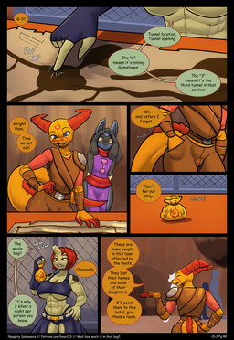 abs anthro armor big_breasts blue_body breasts cleavage clothed clothing dialogue female femboy green_body horn lavet_tan male orange_body red_horn standing text under_boob bear213 luco_canhya naughty_salamonce absurd_res comic english_text half-length_portrait hi_res portrait