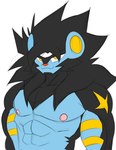 accessory anthro hair headband long_hair male muscular muscular_male nipples smile solo unknown_artist nintendo pokemon fan_character generation_4_pokemon luxray pokemon_(species)