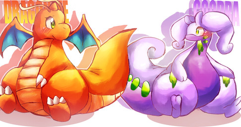 1_horn antennae_(anatomy) anthro belly blush blush_lines claws duo feet female female/female female_anthro green_eyes green_markings horn male markings membrane_(anatomy) membranous_wings orange_body orange_wings overweight overweight_anthro overweight_female purple_body simple_background sitting slightly_chubby slightly_chubby_anthro slightly_chubby_female slime solo tail tan_body text thick_tail thick_thighs white_background white_body white_tail wings felipotyphlosion mythology nintendo pokemon dragon dragonite generation_1_pokemon generation_6_pokemon goodra mythological_creature mythological_scalie pokemon_(species) scalie absurd_res hi_res