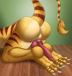 3_toes animal_genitalia animal_penis anthro balls barefoot biped brown_stripes butt canine_genitalia canine_penis claws erection faceless_anthro faceless_character faceless_male feet floor fur genitals inside kneeling knot lower_body_focus male male_anthro markings nude nude_anthro nude_male paws penis presenting presenting_hindquarters presenting_penis raised_tail red_penis sheath solo striped_back striped_body striped_fur striped_legs striped_markings striped_tail stripes tail tail_markings tail_tuft tan_body tan_fur toe_claws toes tuft wall_(structure) wood wood_floor reddragon ratchet_and_clank sony_corporation sony_interactive_entertainment ratchet_(ratchet_and_clank) lombax mammal digital_media_(artwork) hi_res