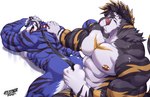 abs anal anal_penetration anthro back_muscles biceps black_body black_fur black_hair black_stripes blonde_hair blue_body blue_fur butt chest_markings collar collar_only collar_pull deltoids doggystyle dominant dominant_male duo fangs fingers flustered from_behind_position fur grey_body grey_fur hair leash licking licking_lips looking_back male male/male male_penetrated male_penetrating male_penetrating_male markings muscular muscular_anthro muscular_bottom muscular_dom muscular_male muscular_sub muscular_top nipple_piercing nipples nude obliques open_mouth pecs penetration piercing sabertooth_(anatomy) sex simple_background striped_body striped_fur stripes submissive submissive_male teeth tongue tongue_out triceps white_background white_body white_fur white_hair yellow_markings yellow_stripes estper bluedy_(estper) tusk_(estper) felid mammal pantherine tiger 2021 digital_media_(artwork) hi_res signature