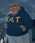 anthro bottomwear brown_body clothing detailed_background hoodie kemono male night outside overweight overweight_male pants solo text text_on_clothing text_on_hoodie text_on_topwear topwear water train_(artist) fat_hoodie meme_clothing mammal suid suina sus_(pig) wild_boar 2015 meme