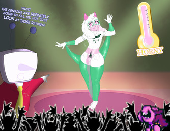 animal_genitalia antenna_wire anthro arm_tuft armwear audience ball_tuft balls barefoot blush bodily_fluids bottomwear cheek_tuft cheering chest_markings chest_tattoo chest_tuft clothed clothing crowd crt cuff_(restraint) dancer_outfit dancing delta_rune_(emblem) ear_piercing ear_tuft electronics embarrassed exclamation_point eyelashes eyewear facial_tuft feet femboy fluffy fur game_show gameplay_mechanics genitals gesture glasses glistening glistening_clothing glistening_eyes gold_(metal) green_clothing green_markings group hand_gesture head_tuft highlights_(coloring) horn ineffective_clothing laughing_at_another leg_tuft loincloth long_ears long_eyelashes male markings metal metal_cuffs meter navel necktie nervous nervous_smile penis penis_poking_out penis_tip piercing pink_clothing pink_eyes pink_horn pink_pupils pointing pointing_at_another pubes pupils red_clothing restraints sheath shoulder_tuft shy silver_(metal) small_waist smile sparkles sparkling_clothing squish stage stage_lights suit sweat symbol tattoo television text thick_thighs thigh_squish tight_clothing translucent translucent_clothing tuft video_game_reference white_body white_fur yellow_clothing cereshinu deltarune soyjak undertale_(series) ralsei susie_(deltarune) tenna_(deltarune) bovid caprine goat humanoid mammal hi_res meme shaded signature