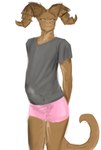 animal_genitalia anthro blush bodily_fluids bottomwear claws clothed clothing collar erection eye_contact femboy genitals horn looking_at_another male penis scales shirt shorts smile solo tail topwear hecreat fallout microsoft deathclaw scalie absurd_res hi_res