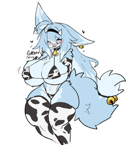 ahoge animal_print anthro armwear bangs bell bell_collar big_breasts bikini bikini_bottom bikini_top blue_body blue_fur blue_hair blush blush_lines breasts chest_tuft clothing collar cow_print eyelashes eyes_closed fake_horns female fur hair heart_symbol huge_breasts legwear long_ears long_eyelashes long_hair luffy_tail open_mouth solo standing stockings swimwear text thick_thighs tuft two-piece_swimsuit wide_hips shiyaa_stuff canid canine fox mammal 2025 absurd_res colored colored_sketch digital_drawing_(artwork) digital_media_(artwork) english_text flat_colors hi_res sketch