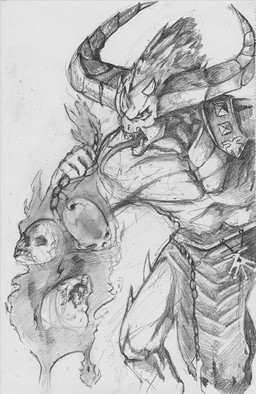 2_horns 5_fingers anthro biped bone bottomwear clothed clothed_anthro clothed_male clothing fangs fingers front_view grey_background head_horn head_spikes holding_chain horn leg_spikes loincloth long_tongue looking_aside male open_mouth shoulder_guard simple_background skull solo spikes spikes_(anatomy) teeth tongue deriaz warhammer_(franchise) bloodletter chaos_daemon daemon_of_khorne 2013 graphite_(artwork) greyscale hatching_(art) monochrome portrait shaded three-quarter_portrait traditional_media_(artwork)