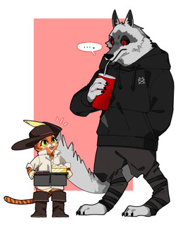 alternate_costume alternative_fashion anthro beverage boots bottomwear claws clothing container cup drinking duo ellipsis emanata facial_markings food footwear fur green_eyes half-closed_eyes hand_in_pocket hat head_markings headgear headwear holding_beverage holding_food holding_object hoodie looking_at_another male markings mask_(marking) narrowed_eyes open_mouth orange_body orange_fur pants pockets popcorn red_eyes shirt shoes simple_background size_difference smile standing topwear whiskers white_body white_fur go_od8 dreamworks puss_in_boots_(franchise) death_(puss_in_boots) puss_in_boots_(dreamworks) canid canine canis domestic_cat felid feline felis mackerel_tabby mammal tabby_cat wolf hi_res