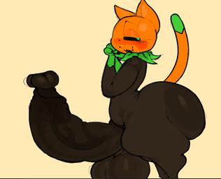anthro balls bedroom_eyes big_balls big_butt big_penis black_body black_fur black_sclera bottom_heavy butt erection femboy food for_a_head fruit fur genitals green_markings half-closed_eyes huge_balls huge_butt huge_penis humanoid_genitalia humanoid_penis markings narrowed_eyes open_mouth open_smile pear-shaped_figure penis plant pumpkin pumpkin_head seductive smile thick_thighs vein veiny_penis wide_hips toumie_(artist) pumkat domestic_cat felid feline felis mammal object_head