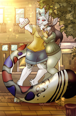 anthro day duo female female/female fern scenery selfie store mysterymusix rasachi canid canine canis deer felid hybrid mammal pantherine snow_leopard wolf absurd_res hi_res