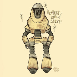 ambiguous_gender googie_aesthetic machine metallic_body not_furry rust simple_background solo standing starburst_motief text yellow_background yellow_body rabid_toothed fallout microsoft humanoid protectron_(fallout) robot 1:1 artist_name english_description english_text hi_res
