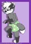 3_toes 4_fingers anthro black_body black_fur black_nose border clean_diaper cloth_diaper clothed clothing diaper diaper_only ears_back feet fingers fur green_diaper green_eyes grey_body grey_fur looking_back male pattern_diaper pivoted_ears purple_background purple_border shy simple_background solo tiptoes toddler toes topless walking wearing_diaper white_body white_fur young young_anthro tiramizu_(artist) badger mammal mustelid musteline 2022 hi_res signature