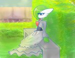 3_fingers bench brown_eyes clothing detailed_background dress elegant_dress female fingers green_hair hair hair_over_eye not_furry on_bench one_eye_obstructed open_mouth sitting sitting_on_bench solo renv nintendo pokemon gardevoir generation_3_pokemon humanoid pokemon_(species) 2022 hi_res signature