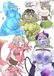 5_fingers big_breasts black_sclera blue_body blush bottomwear breasts butt cape clothing dialogue exoskeleton female fingers gameplay_mechanics green_body green_bottomwear green_cape green_clothing green_eyes green_skirt growth hand_on_breast holding_melee_weapon holding_object holding_sword holding_weapon horn horn_growth human_to_humanoid humanoid_pointy_ears looking_at_viewer melee_weapon membrane_(anatomy) membranous_wings navel nipples nude open_mouth overweight overweight_female pointy_ears purple_body purple_eyes shocked short_stack shrinking simple_background size_transformation skirt smile solo spade_tail species_transformation standing surprised sword tail tail_growth text tongue tongue_out torn_clothing transformation translucent translucent_body weapon weight_gain white_background wing_growth wings womb_tattoo neko_kaminari80 animal_humanoid arthropod arthropod_humanoid demon demon_humanoid goblin goo_creature goo_humanoid human humanoid insect insect_humanoid mammal 2025 absurd_res digital_media_(artwork) hi_res japanese_text