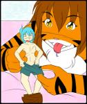 anthro blue_hair breasts brown_hair clothing color_edit colored conditional_dnp countershading duo felid female flora_(twokinds) fur hair human keidran larger_female long_hair male mammal micro nude open_mouth orange_body orange_fur pantherine size_difference smaller_male stripes third-party_edit tiger tom_fischbach tongue tongue_out trace_legacy tuft twokinds white_body white_fur xbox360720