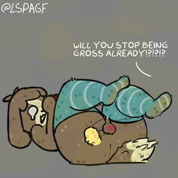 anthro ball_slap ballbusting blue_clothing brown_body clothing cock_and_ball_torture dirty dirty_clothing dirty_socks footwear gaming genital_torture genitals legwear lying male musk on_back penis playing_video_game rear_view simple_background slap small_penis socks solo tail thigh_highs lspagf animal_crossing nintendo nintendo_switch digby_(animal_crossing) canid canine canis domestic_dog mammal 1:1 absurd_res hi_res