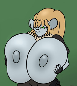 anthro areola belt big_breasts bottomwear breast_squish breasts clothed clothing ear_piercing female fingerless_gloves gloves grey_body hair handwear huge_breasts hyper jacket looking_at_viewer nipples pants piercing simple_background smile solo squish topless topwear phil_sux mammal mouse murid murine rodent animated animated_gif short_playtime