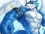 abs anthro belt biceps blue_body countershading flexing horn male muscular muscular_anthro muscular_male pecs red_eyes solo vein veiny_muscles wings waddledox bandai_namco digimon digimon_(species) exveemon 4:3 hi_res