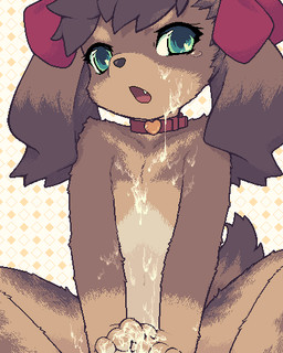 anthro bodily_fluids collar cum cum_on_chest cum_on_face fangs female flat_chested genital_fluids green_eyes hair heart_symbol kemono loli looking_at_viewer open_mouth pattern_background ribbons simple_background solo tail teeth young young_anthro young_female epp canid canine canis domestic_dog mammal 4:5 digital_media_(artwork) low_res oekaki pixel_(artwork)