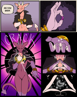 anthro blue_sclera bracelet cloak clothing dialogue gem gold_(metal) gold_bracelet gold_jewelry horn jewelry magic male multicolored_body pink_body slim small_waist solo speech_bubble text white_arms white_hands yellow_eyes 60percentscalie evelan_(60percentscalie) demon 2025 4:5 colored comic digital_media_(artwork) english_text hi_res