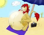 anthro anthro_pred beach belly big_belly biped breasts clothed clothing female female_pred grin hair humor kneeling music oral_vore pun red_hair seaside smile solo swimwear teeth text vore warlus nadine_(warlus) felid lion mammal pantherine 5:4 digital_drawing_(artwork) digital_media_(artwork) english_text