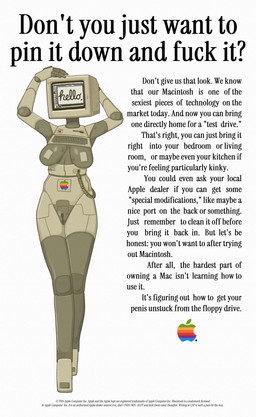 bodily_fluids breasts fake_advertisement female genitals machine not_furry nude profanity screen screen_face simple_background solo sweat text vulva white_background miliandpaint apple_inc. macintosh humanoid robot robot_humanoid absurd_res english_text hi_res