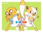 anthro blush butt_bump clean_diaper clothed clothing diaper diaper_fetish diaper_only duo female fur male male/female simple_background smile square_crossover tail topless wearing_diaper white_body white_fur avealrykun adventure_time cartoon_network fionna_and_cake cake_the_cat jake_the_dog canid canine canis domestic_cat domestic_dog felid feline felis mammal 4:3 digital_media_(artwork)