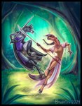 5_fingers anthro black_border black_cape black_clothing black_hair black_mane black_tail border breasts brown_body brown_hair brown_mane brown_tail cape cleavage clothed clothing dress duo eye_contact eyebrows female fight fighting_pose fingers grass grin hair highlights_(coloring) hooves looking_at_another looking_down looking_up mane melee_weapon multicolored_body outside pink_clothing pink_dress plant polearm pose purple_corset purple_eyes shirt smile spear sword tail teeth text tongue tongue_out topwear tree two_tone_body weapon brushfire dreki_(skuggamul) gynja_(skuggamul) equid equine horse hybrid mammal mule 2024 artist_name digital_media_(artwork) english_text hi_res