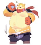 anthro belly big_belly blush bottomwear clothing flaccid genitals kemono male moobs overweight overweight_male pants penis scarf shirt small_penis solo surprise topwear yimingsama omega_strikers dubu_(omega_strikers) mammal rodent 2023 hi_res