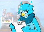 anthro beak blue_hair clothed clothing confusion eyebrows female hair neck_tuft raised_eyebrow reading solo tuft wings catala14j scott_the_woz undertale undertale_(series) undertale_yellow martlet_(undertale_yellow) avian bird