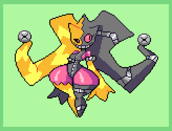 anthro bell big_butt border breasts butt clothing female fool's_hat green_border hat headgear headwear legwear simple_background sleeves sleeves_past_wrists smile solo sprite sprite_art stockings thick_thighs wide_hips zipper sabs nintendo pokemon banette generation_3_pokemon pokemon_(species)