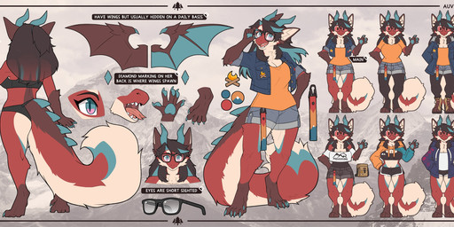 anthro barefoot bottomwear bra clothed clothing digitigrade digitigrade_footwear eyewear feet female footwear fur furgonomic_footwear furgonomics glasses hair horn hotpants jacket membrane_(anatomy) membranous_wings multiple_poses panties pose shorts solo standing tail text topwear underwear wings auveiss mythology vyse_renata dragon furred_dragon furred_scalie mythological_creature mythological_scalie scalie 2023 absurd_res english_text hi_res model_sheet