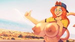 anthro areola big_breasts bottomwear breasts clothed clothing clothing_lift detailed_background eyelashes eyewear female gesture glasses green_eyes hair hand_gesture hat headgear headwear hitchhiking huge_breasts nipples open_mouth orange_hair outside pupils shirt shirt_lift smile solo tail text thumbs_up topwear wearing_glasses yellow_clothing galacticmichi katrina_fowler domestic_cat felid feline felis mammal 16:9 url widescreen