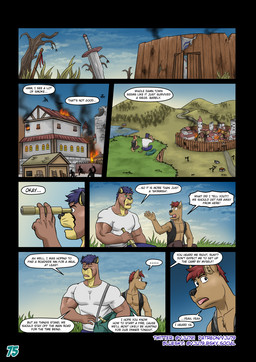 7_panel_comic anthro bag_over_shoulder blue_hair bottomwear brown_hair building clothing cloud cloudy_sky day destruction dialogue distracted duffel_bag duo fire green_eyes hair house looking_aside male medieval_architecture melee_weapon mountain outside page_number pants plant shadow shirt silhouette sitting sitting_on_ground sky smoke spyglass sword text timber_framed_architecture topwear town tree vest wall_(structure) water weapon white_clothing white_shirt white_topwear worried vju79 cobby_(vju79) zudrec_(vju79) canid canine canis cougar felid feline mammal wolf comic english_text hi_res multiple_scenes url