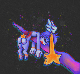 ambiguous_gender anthro cosmic_background gore head_wings impaled_through_stomach snuff solo unusual_wing_placement wings sacrificialhound hi_res