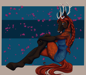 anthro antlers bedroom_eyes blue_eyes braided_hair braided_ponytail clothing dappled_fur dress facial_piercing female fur hair horn looking_at_viewer narrowed_eyes nose_piercing nose_ring piercing ponytail raised_leg red_body red_fur red_hair ring_piercing seductive sitting solo teasing tight_clothing torielle scapeh equid equine mammal hi_res