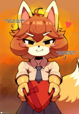 4_fingers ahoge anthro biped black_eyes black_nose blue_bottomwear blue_clothing blue_necktie blue_skirt blush blush_stickers bottomwear breasts brown_hair closed_smile clothed clothed_anthro clothed_female clothing collared_shirt dialogue dipstick_ears dipstick_tail ear_markings eyebrows eyelashes female female_anthro fingers fully_clothed fully_clothed_anthro fully_clothed_female fur gift hair heart_box heart_symbol holding_gift holding_object holidays looking_at_viewer markings mouth_closed multicolored_body multicolored_ears multicolored_fur necktie orange_background pink_inner_ear pointy_ears prick_ears shirt simple_background skirt smile smiling_at_viewer solo speech_marker tail tail_markings talking_to_viewer tan_body tan_fur tan_tail text topwear two_tone_body two_tone_fur white_clothing white_ear_tips white_eyebrows white_shirt white_tail_tip white_topwear voider_(artist) valentine's_day bully_fox canid canine fox mammal 2026 artist_name digital_media_(artwork) english_text hi_res