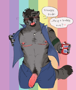 alcohol anthro areola barbell_piercing beer beverage beverage_can blep blush bodily_fluids clothed clothing container dialogue drunk erection flashing foreskin frenum_piercing fur genital_fluids genital_piercing genitals grey_body grey_fur holding_container holding_object humanoid_genitalia humanoid_penis leaking_precum lgbt_pride looking_at_viewer male mastectomy_scar nipple_barbell nipple_piercing nipples no_underwear penis penis_piercing piercing pink_areola pink_nipples precum pride_colors pubes rainbow rainbow_background rainbow_pride_colors scar shark_tooth_necklace simple_background solo speech_bubble striped_body striped_fur stripes substance_intoxication text tongue tongue_out topwear unzipped unzipped_pants vest zipper vannthunder anheuser-busch_inbev_sa/nv budweiser vann_thunder_(character) gulonine mammal mustelid musteline wolverine english_description english_text hi_res trans_(lore) trans_man_(lore)